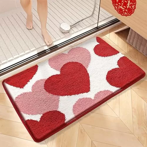 Red Bathroom Mat Super Absorbent Bath Mat Non Slip and Machine Wash Thick Pile Floor Mat for Bathroom (31"x20", Red Heart)