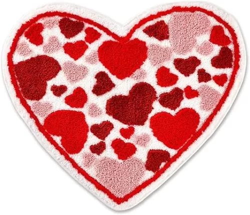 Red Heart Shape Bathroom Rug, Soft Tufted Plush Washable Non-Slip Bath Mat, Bedroom Kitchen Floor Door Mat for Home