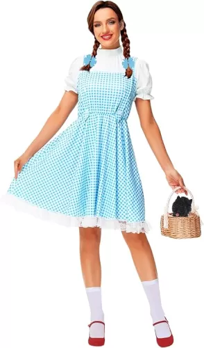 Remimi Women Halloween Dress Short Sleeve Blue White Gingham Dress