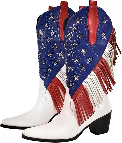 richealnini Mid Calf Fringe Cowboy Boots Glitter Rhinestone Western Cowgirl Boots with Tassel Pull On Stacked Heels Prom Wedding Shoes Dressy