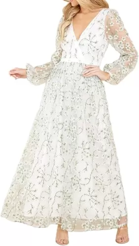 R.Vivimos Women Maxi Dress Tulle Long Sleeve V Neck Floral Embroidery Backless Casual Flowy A-Line Dress