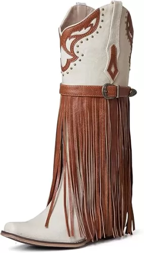 SaraIris Women's Western Bootie, Fashion Pointed Toe, Chunky Heel, Embroidered, Fringe, Pull-On, Mid Calf Boots, 2.75 inches, Knee High, PU, Denim, Rubber