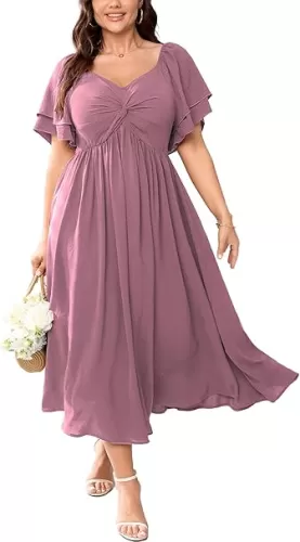 SCOMCHIC Women's Plus Size Wedding Guest Cocktail Dresses Sweetheart Neckline Ruffle Sleeve A Line Maxi Dress