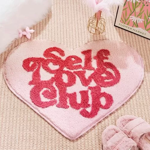 Self Love Club Rug Heart Shaped - Cute Bath Mat Non Slip, Funky Aesthetic Groovy Small Accent Rugs for Bedroom Bathroom, Girls Preppy Room Decor, Pink Heart Rug 28"x23"