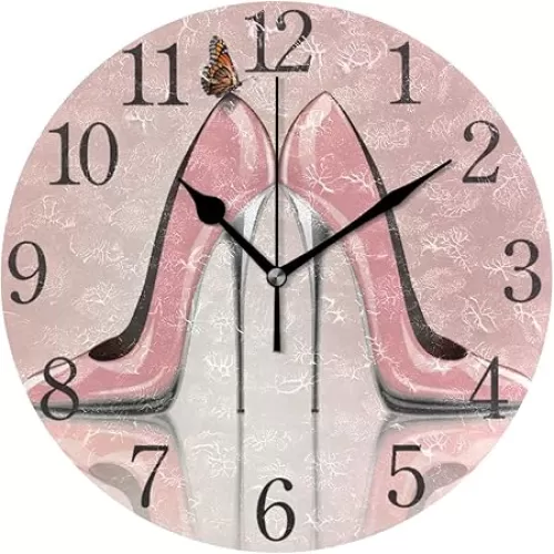 senya Wall Clock Silent 9.5 Inch Battery Operated Non Ticking Pink High Heel Shoes Butterfly Round Decorative Acrylic Quiet Clocks for Bedroom Office School Home by domook