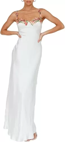 Sexy Satin Spaghetti Strap Floral Embroidered Maxi Dress for Women Sweetheart Neckline Backless Sleeveless Slit Midi Dress