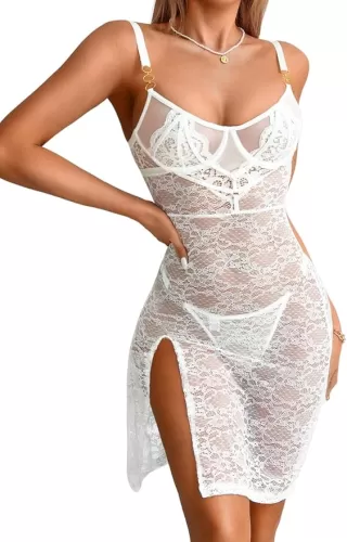 Sheer Lace Floral Lingerie, Sexy Push Up High Slit Backless, Date Night, Short Bodycon Dress for Women Exotic