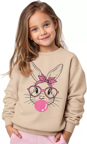 SOFEON Toddler Girl Easter Sweatshirt Cute Bunny Rabbit Graphic Shirt Happy Easter Glasses Bunny Long Sleeve Pullover Top