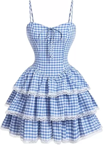 SOLY HUX Women's Y2k Gingham Plaid Mini Dress Lace Trim A Line Layered Ruffle Hem Cami Dresses