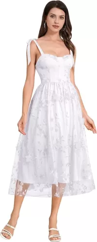 Spaghetti Strap Embroidered Floral Dress for Women Wedding Formal Tulle Prom Corset Dress Smocked Split Midi Tea Party Dress