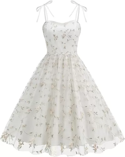 Spaghetti Strap Floral Embroidered Dress for Women Wedding Guest Tea Party Dress for Woman Tulle Prom Formal Cocktail Dress