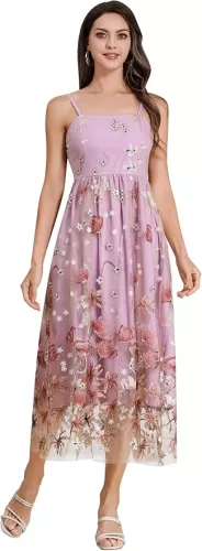 Spaghetti Straps Floral Embroidered Dress for Women Formal Flower Wedding Guest Dress Long Tulle Prom Cocktail Party Dress
