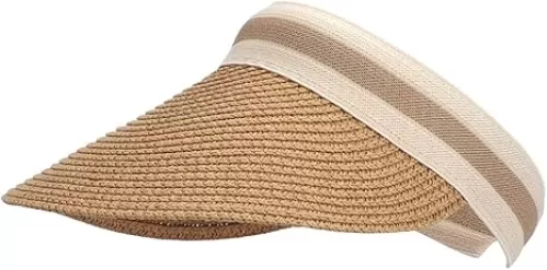 Straw Sun Visors Hats for Kids Embroidered Boys and Girls Wide Brim Roll Up Ponytail Open Top Cap