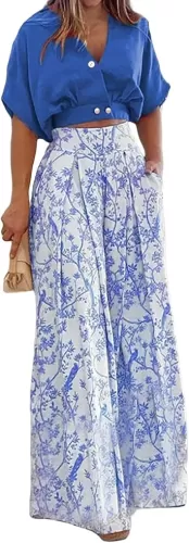 Summer 2 Piece Sets for Women Floral Outfits V Neck Batwing Sleeve Shirts Flower Print Wide Leg Pants Business Suit