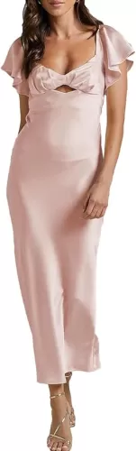 Summer Satin Flutter Sleeve Wedding Guest Dresses for Women Sweetheart Neckline Cutout Tie Back Midi Cocktail Dress