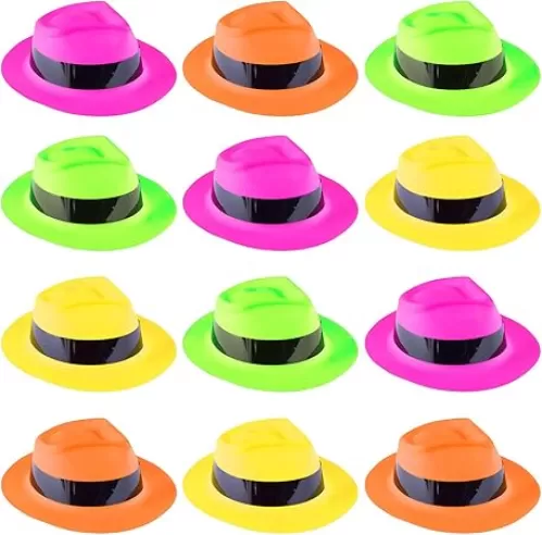 Super Z Outlet 12 Pack Neon Mafia Style Gangster Fedora Dress Hats Children's Birthday Props Supplies Favors