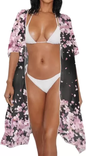 Swimsuit Coverup for Women Kimono Swimsuit Cover Ups Semi-Sheer Short Sleeves Open Front Bikini Wrap