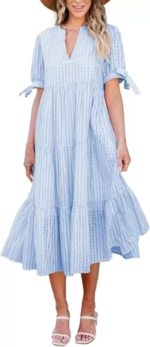 Theenkoln Womens Casual Midi Dress: Short Sleeve V-Neck Empire Waist Gingham Spring Fashion Long Trendy Tiered Formal Dresses