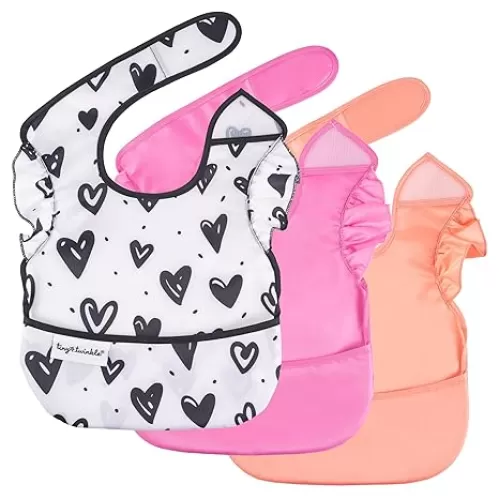 Tiny Twinkle Mess Proof Baby Bibs for Eating - Waterproof, Wipeable Bibs - Toddler Bibs - Travel Friendly - PFAS, PVC, BPA, Phthalate Free - Baby Food Bibs(3 Pack, Girl Hearts)