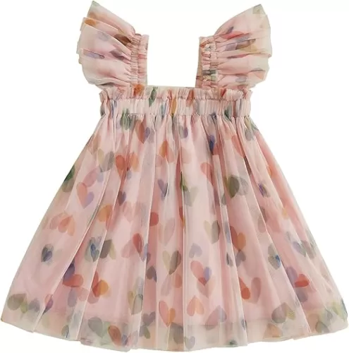 Toddler Baby Girl Dress Fly Sleeve Tulle Dress Heart Print Birthday Party Princess Dresses Summer Tutu Sundress