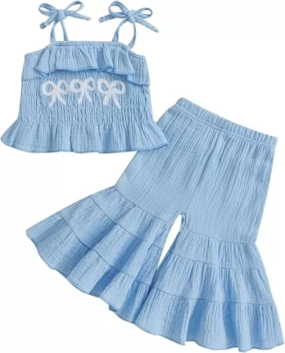 Toddler Baby Girl Smocked Outfit Ruffle Halter Shirt Flared Pants Set Toddler Bell Bottom Outfit Summer Clothes