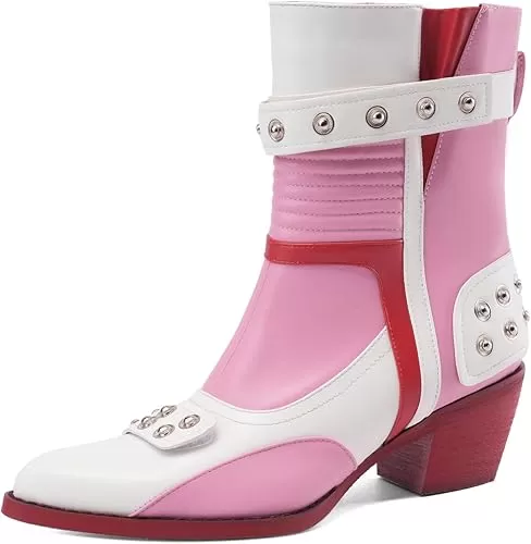 Tsrenlmln Ankle Boots for Women Pointed Toe Heel Rivet Western Cowboy Boots With Tassel Womens Cowgirl Booties Slip-On pink boots red sole