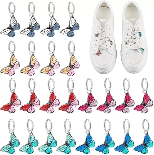UNICRAFTALE 1 Set 6 Colors Enamel Boot Charms 24Pcs Butterfly Shoe Charms with 24Pcs Rings Alloy Shoelace Charms 26mm Shoe Decoration Pendant for Women Sneaker Boots Sandal Casual Shoes Decor