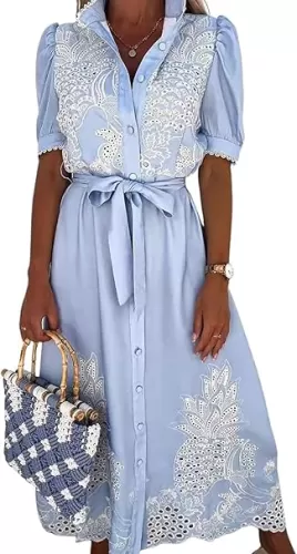 utcoco Women's Embroidered Eyelet Shirt Dresses Belted Puff Sleeve Button Down Swing Boho Cotton Maxi Shirt Dress