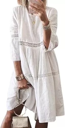 utcoco Womens Lace Eyelet Embroidery Dresses 3/4 Trumpet Sleeve Crochet Spliced A Line Flowy Boho Midi Dress