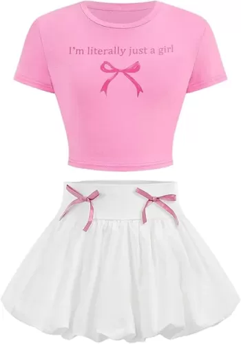 Verdusa Girl's 2 Piece Bow Outfits Short Sleeve Fitted Crop Tops with Mini Bubble Skirt Set