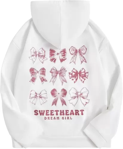 Verdusa Girl's Bow Letter Graphic Hoodie Lightweight Sweatshirts Cute Long Sleeve Pullover Top