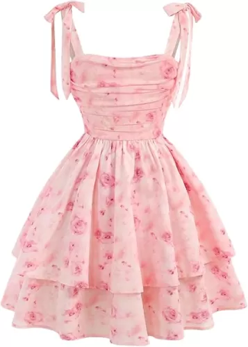 Verdusa Girl's Floral Tie Shoulder Ruffle Dress Ruched Tiered Sleeveless Short Summer Dresses