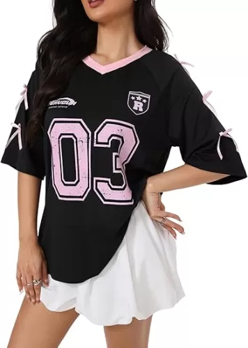 Verdusa Women's Bow Tie Jersey Shirts Hip Hop V Neck Short Sleeve Crop Top Graphic Tees