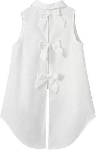 Verdusa Women's Open Back Bow Tops Sleeveless Button Down Shirts Asymmetrical Blouse Summer Outfits