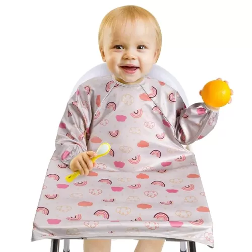 Vicloon Coverall Baby Feeding Bib, Weaning Bib Attaches to Highchair and Table, Long Sleeves Bib with Waterproof, Comfortable, Machine Washable, Baby Bib For 6 Month to 3 Years Old (Pink)