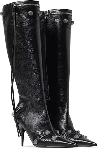 VOMIRA Knee High Boots Sexy Pointed Toe Rivets Tassels Stilettos High Heels Fashion Party Dressy Stripper Heels for Women