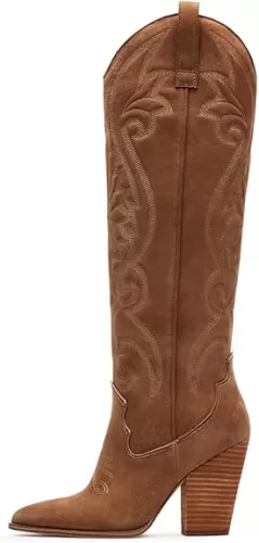 VOMIRA Knee High Cowboy Boots for Women Pointed Toe Chunky High Heels Pull-on Embroidered Boots Western Boots Wide Calf Cowgirl Boots