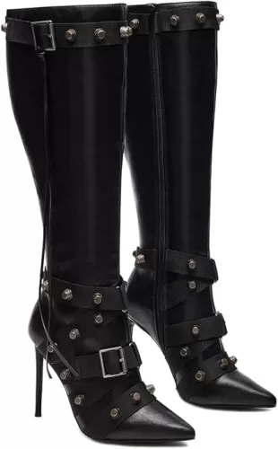 VOMIRA Stiletto Boots for Women Knee High Boots Pointy Toe High Heels Side Zipper Bucke Revets Tassel Boots Sexy Ladies Dressy Party Boots