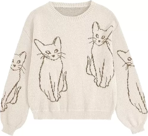 WDIRARA Women's Cartoon Cat Bishop Long Sleeve Round Neck Sweater Drop Shoulder Pullover Tops