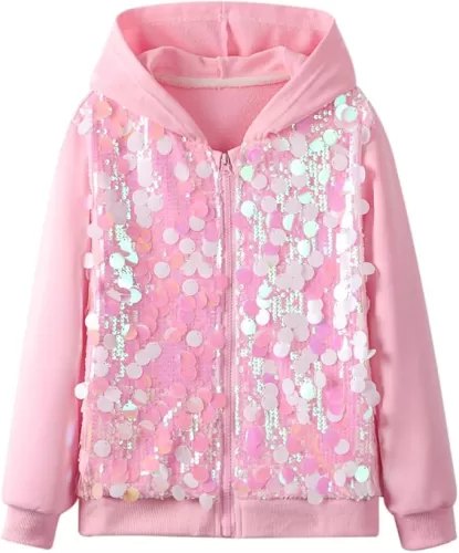 WELAKEN Girls Sequin Hoodie Sweatshirts Kids Full Zip Casual Outerwear Jacket with Pockets