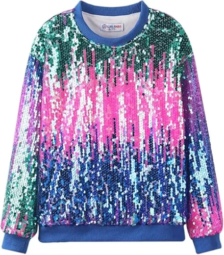 WELAKEN Girls Sequin Sweatshirt Kids Sparkle Crewneck Long Sleeve Casual Pullover Tops