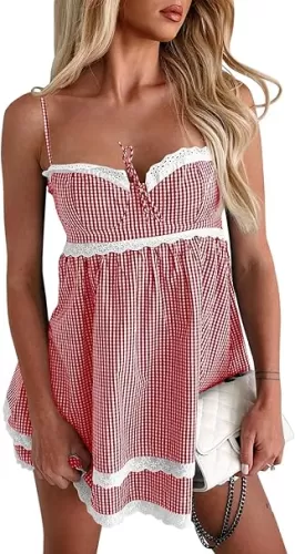 Wenrine Womens Summer Mini Dress Spaghetti Strap Sweetheart Y2K Plaid Lace Trim Tiered Beach Sundress Dresses