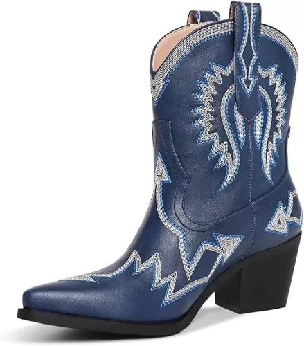 Western Boots for Women Metallic Embroidered Pointed Toe Cowgirl Boots Chunky Heel Pull-On Short Cowboy Boots Wide Calf Country Ankle Boots