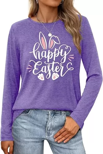 Women Easter Day Shirts: Bunny Printed Long Sleeve Pullover Cute Rabbit Shirt Tops Happy Easter Casual Spring Tops