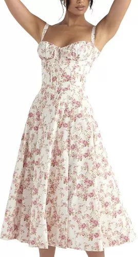 Women Floral Corset Dress, Boho Summer Spaghetti Straps Square Neck Casual Midi Dress Flowy Slit Bustier Dresses