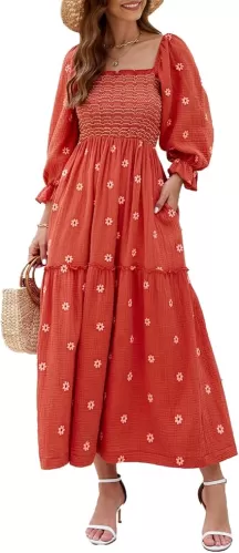 Women Floral Embroidered Maxi Dress Long Puff Sleeve Square Neck Bohemian Flowy Dress with Pockets Summer Fall