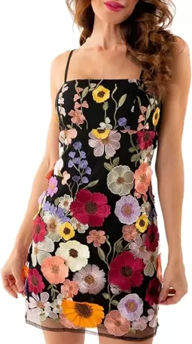 Women Floral Spaghetti Strap Mini Dress Summer 3D Flower Embroidery Sleeveless Backless Short Dress Nightclub