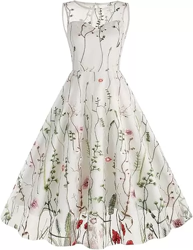 Women Keyhole Floral Embroidery Dress Sheer Mesh Illusion Vintage Cocktail Swing Dress Wedding Party Prom Tulle Evening Dress