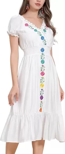 Women Mexican Dress Floral Embroidered Traditional Fiesta Dresses Summer V-Neck Short Sleeve Cinco De Mayo Outfits