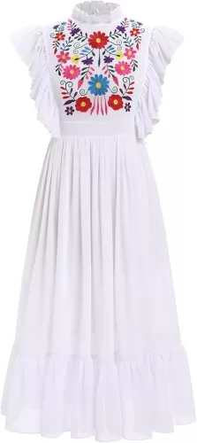 Women Mexican Embroidered Dress Traditional Casual Summer Floral Cinco De Mayo Fiesta Outfit Dance Party Midi Dresses